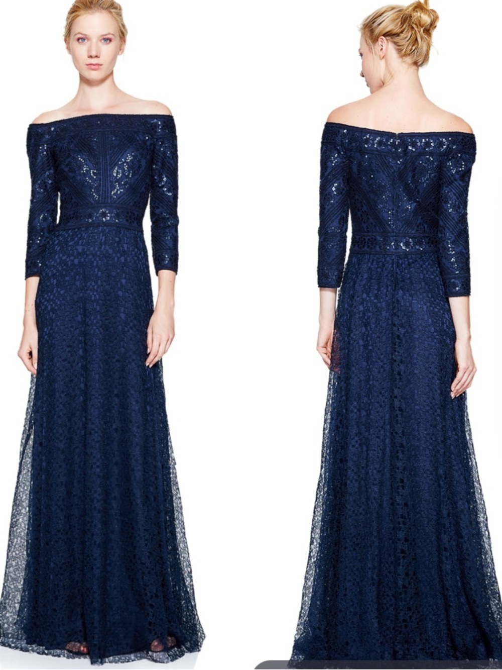Tadashi Shoji Silana Navy Off-Shoulder Lace Evening Gown women 6